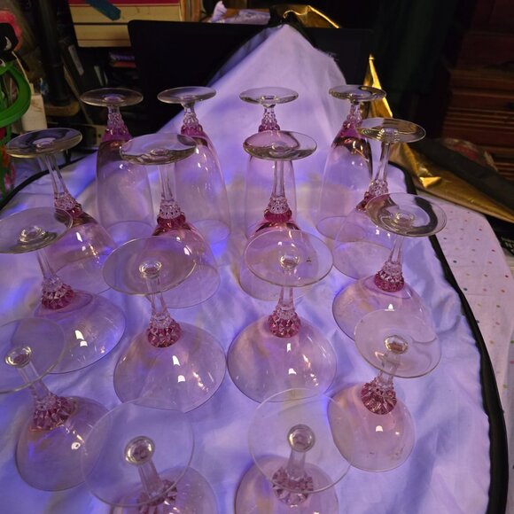 Vintage Tiffin Pink Crystal Stemware Set Of 16 Wine & Champagne Glasses With Fac - Picture 1 of 10